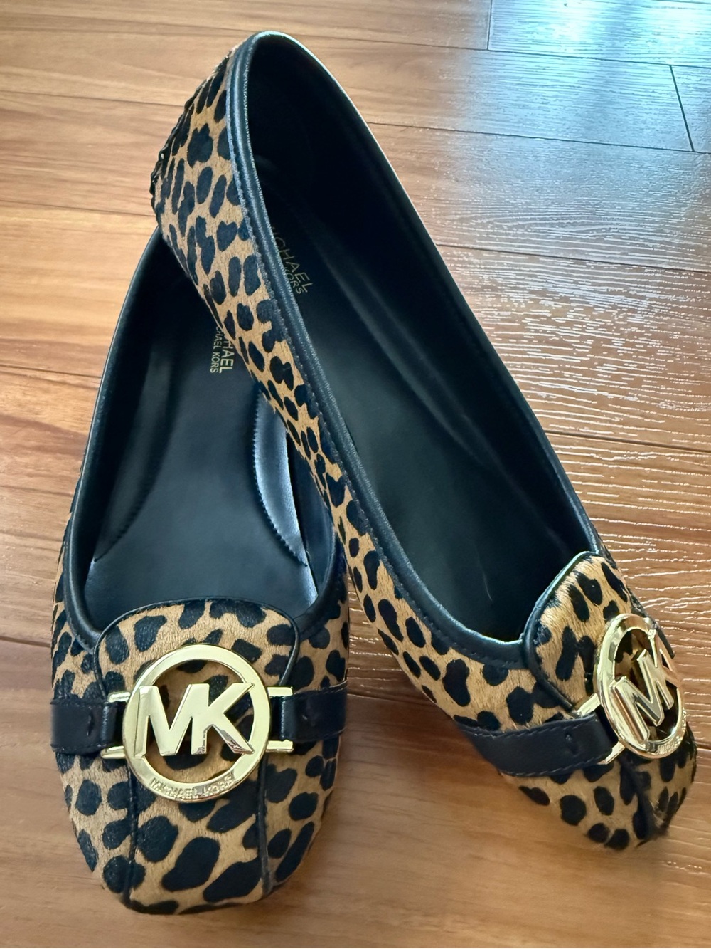 MICHAEL Michael Kors Leopard Calf-Hair Flats with Gold MK Medallion